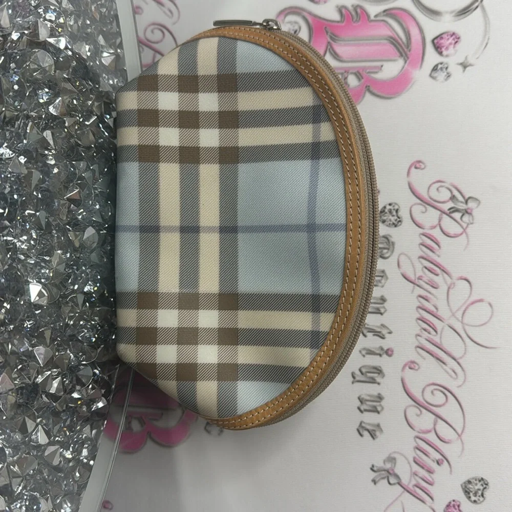 Burberry bag nova check print baby blue tan cream cosmetic case small tote zip - Picture 6 of 12